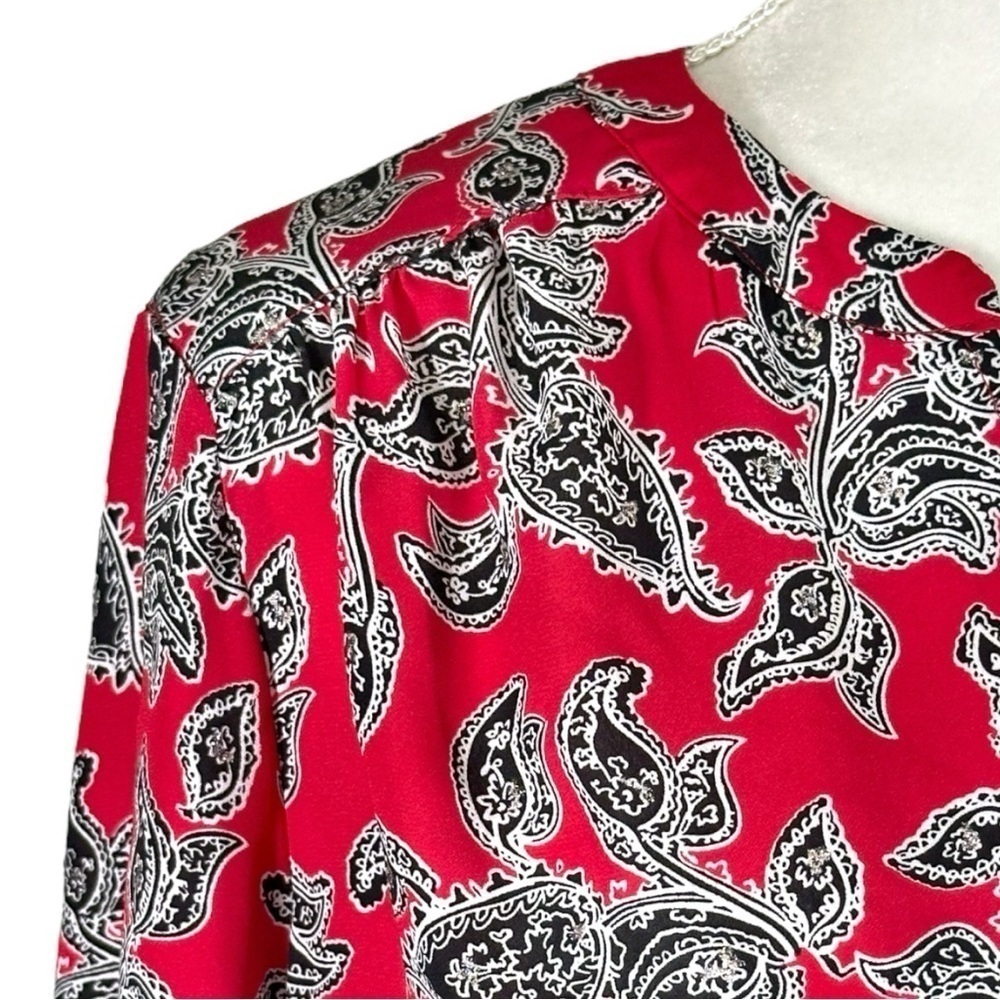 🌸Faded Glory- Red Paisley V Neck Tunic- Adj. Sleeve- Size 12-14 Large - Picture 3 of 10